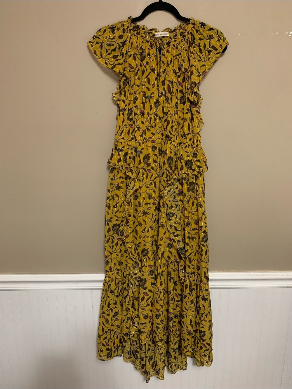 ULLA JOHNSON Women’s NADYA V-Neck Large Silk Floral Print Ruffle Maxi Dress